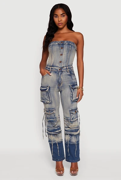 Womens Denim Button Front Utility Jumpsuit, Blue, Size XL