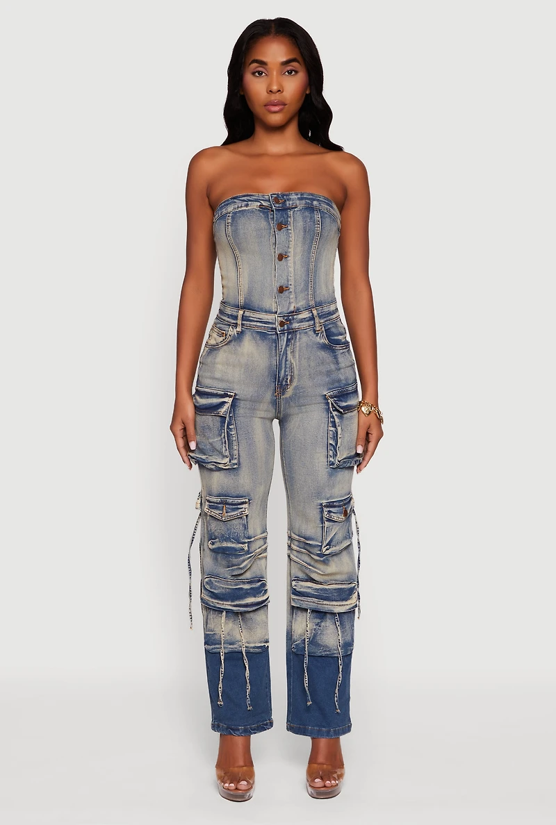Womens Denim Button Front Utility Jumpsuit, Blue, Size XL