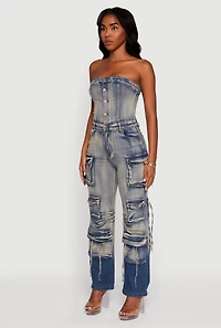 Womens Denim Button Front Utility Jumpsuit, Blue, Size XL