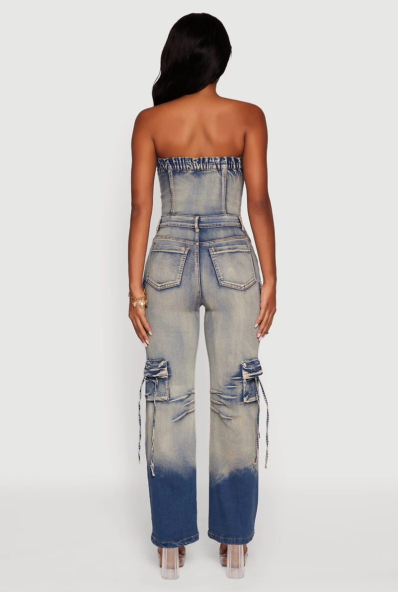 Womens Denim Button Front Utility Jumpsuit, Blue, Size XL