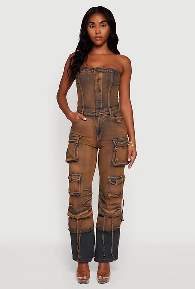 Womens Denim Button Front Utility Jumpsuit, Brown, Size M