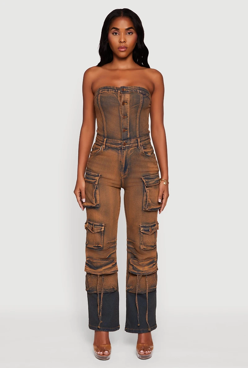 Womens Denim Button Front Utility Jumpsuit, Brown,