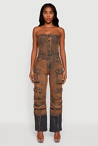 Womens Denim Button Front Utility Jumpsuit, Brown,