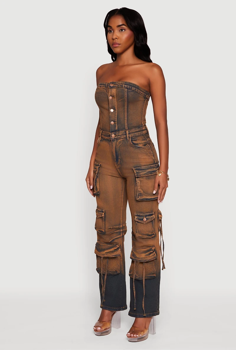Womens Denim Button Front Utility Jumpsuit, Brown, Size M