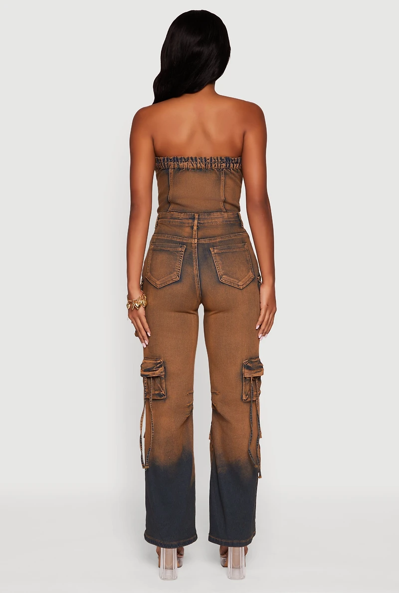 Womens Denim Button Front Utility Jumpsuit, Brown, Size M