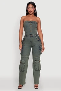 Womens Daisy Mineral Wash Denim Jumpsuit with Cargo Pockets, Multi,