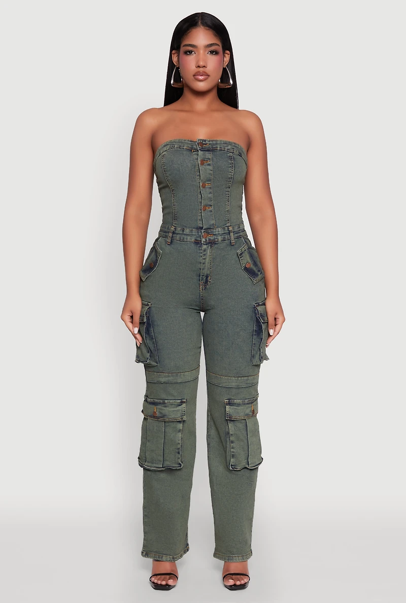Womens Daisy Mineral Wash Denim Jumpsuit with Cargo Pockets, Multi,