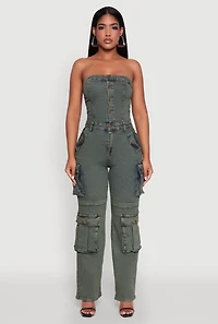 Womens Daisy Mineral Wash Denim Jumpsuit with Cargo Pockets, Multi,