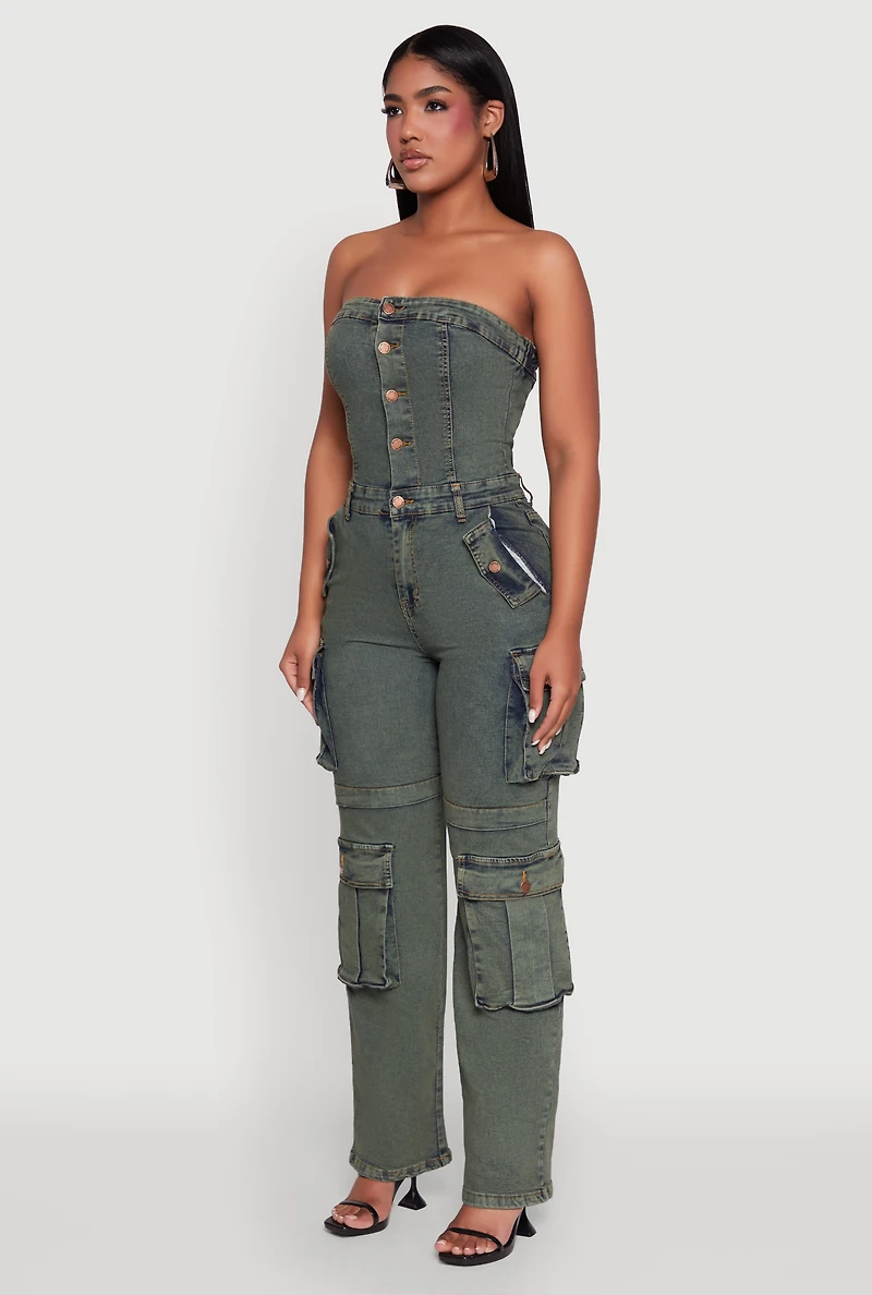 Womens Daisy Mineral Wash Denim Jumpsuit with Cargo Pockets,