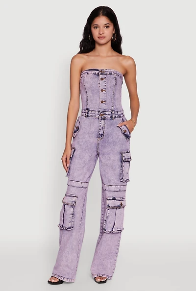 Womens Daisy Mineral Wash Denim Jumpsuit with Cargo Pockets, Purple, Size S
