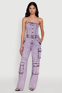 Womens Daisy Mineral Wash Denim Jumpsuit with Cargo Pockets, Purple, Size S