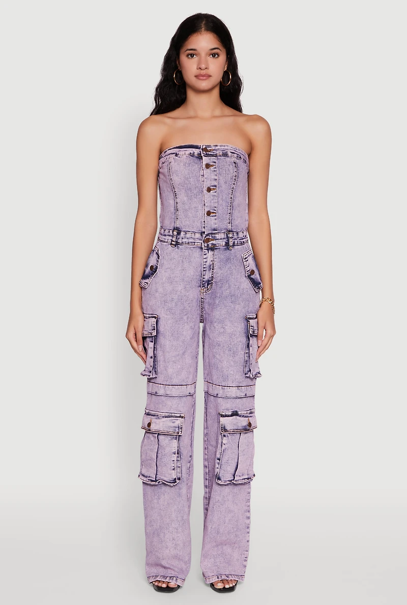 Womens Daisy Mineral Wash Denim Jumpsuit with Cargo Pockets, Purple, Size S