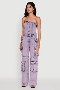 Womens Daisy Mineral Wash Denim Jumpsuit with Cargo Pockets, Purple, Size S