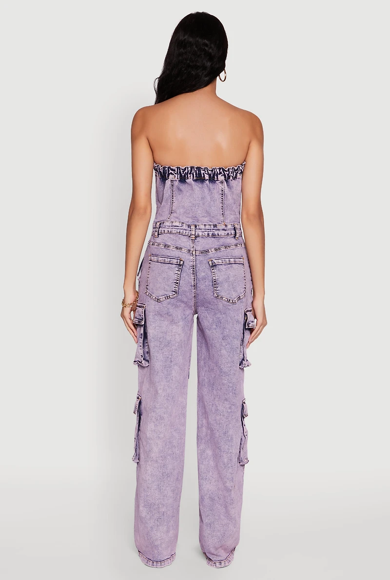Womens Daisy Mineral Wash Denim Jumpsuit with Cargo Pockets, Purple, Size S