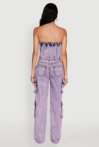 Womens Daisy Mineral Wash Denim Jumpsuit with Cargo Pockets, Purple, Size S