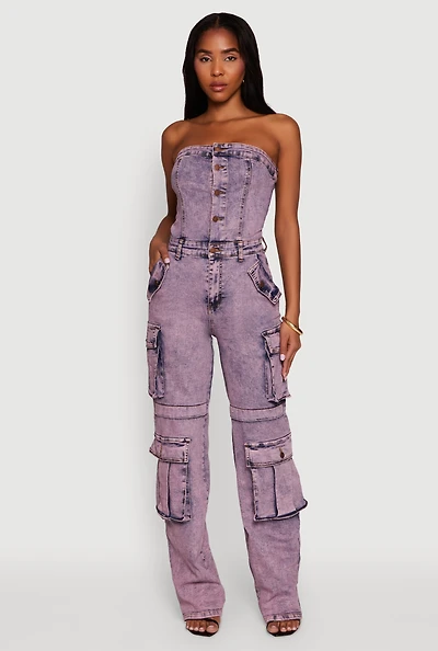 Womens Daisy Mineral Wash Denim Jumpsuit with Cargo Pockets, Multi,