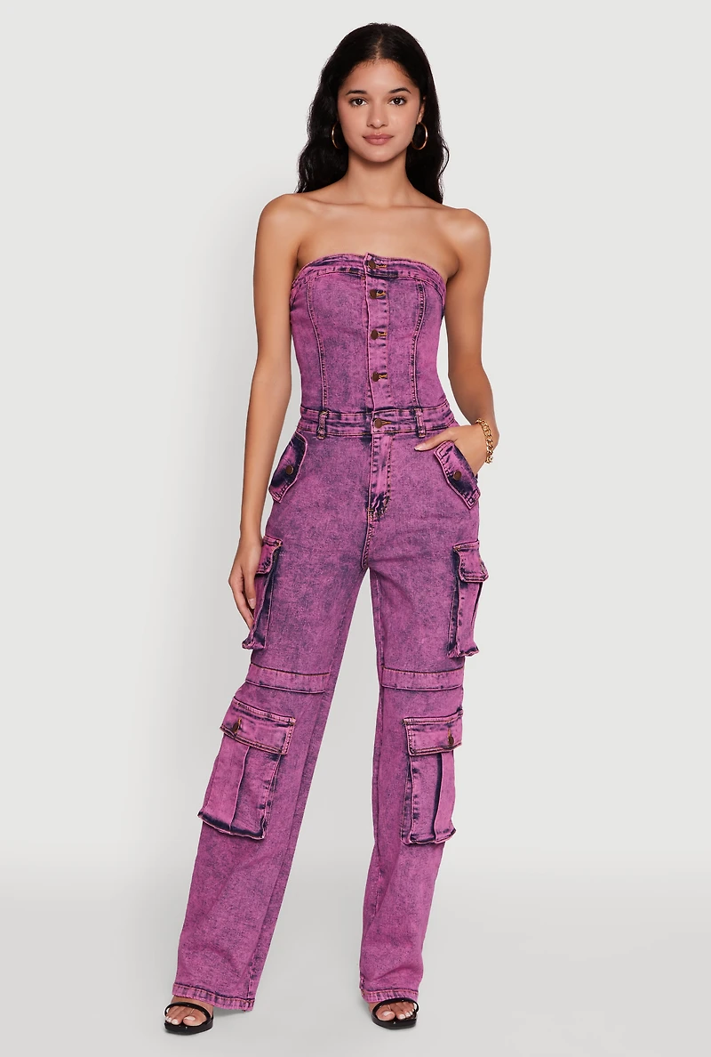 Womens Daisy Mineral Wash Denim Jumpsuit with Cargo Pockets, M