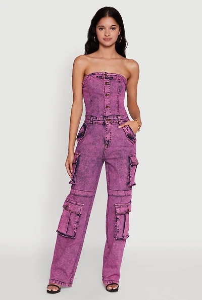 Womens Daisy Mineral Wash Denim Jumpsuit with Cargo Pockets, Pink, Size S