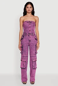 Womens Daisy Mineral Wash Denim Jumpsuit with Cargo Pockets, Pink, Size XL