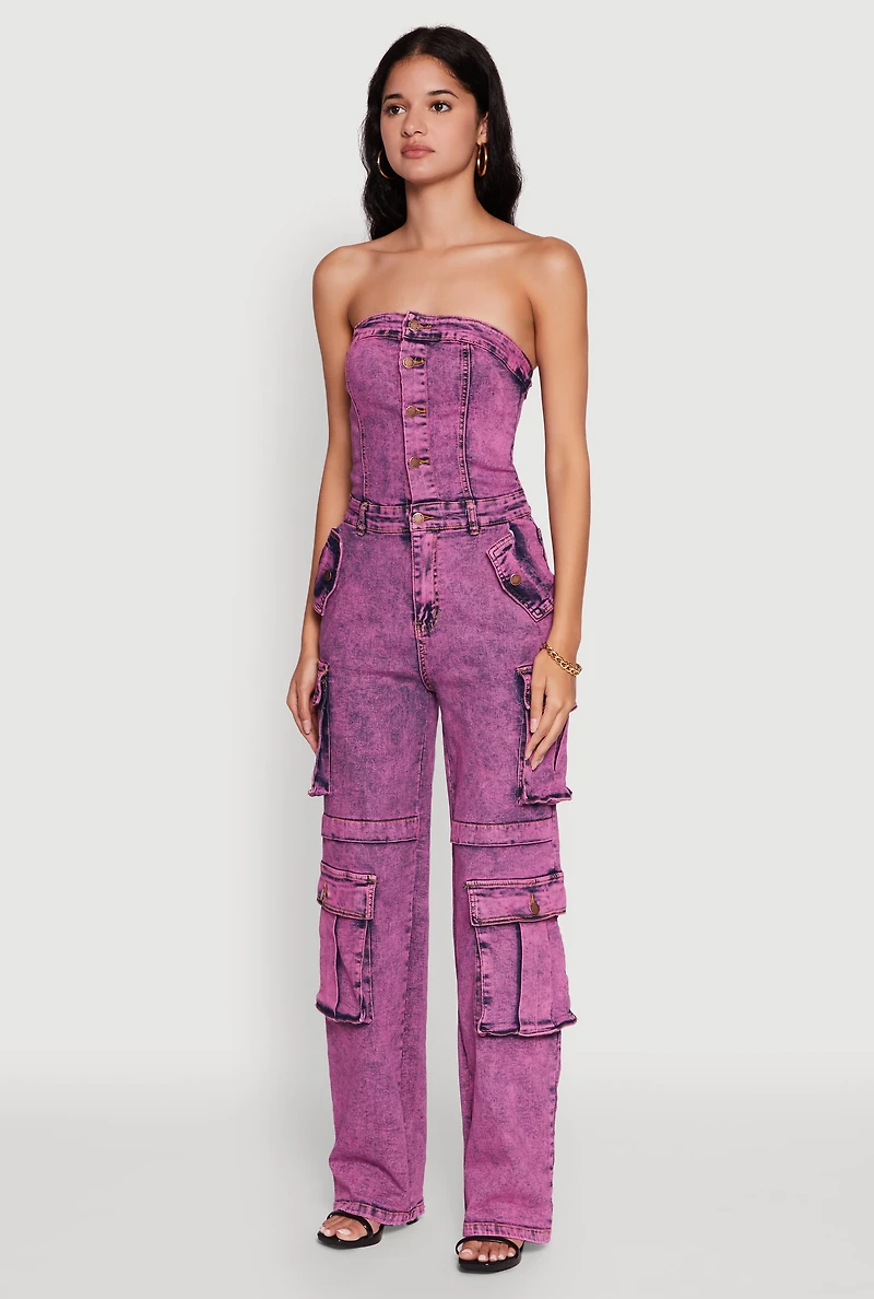 Womens Daisy Mineral Wash Denim Jumpsuit with Cargo Pockets, Pink, Size S