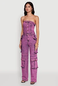 Womens Daisy Mineral Wash Denim Jumpsuit with Cargo Pockets, Pink, Size S