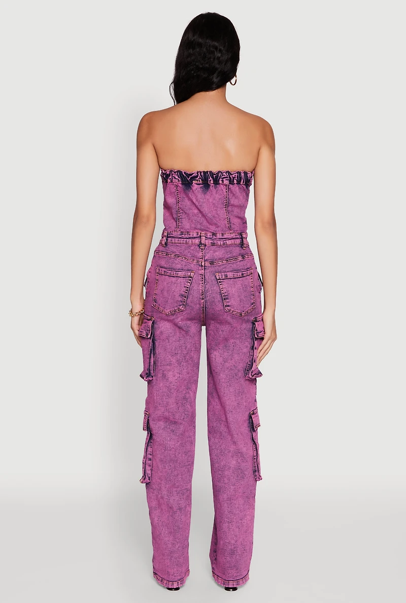 Womens Daisy Mineral Wash Denim Jumpsuit with Cargo Pockets, Pink, Size S