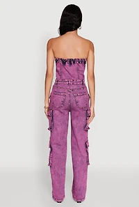 Womens Daisy Mineral Wash Denim Jumpsuit with Cargo Pockets, Pink, Size S