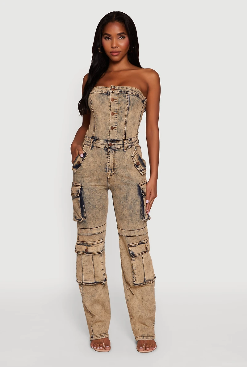 Daisy Mineral Wash Denim Jumpsuit with Cargo Pockets