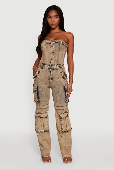 Womens Daisy Mineral Wash Denim Jumpsuit with Cargo Pockets,