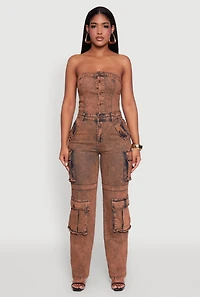 Womens Daisy Mineral Wash Denim Jumpsuit with Cargo Pockets, Multi, Size S