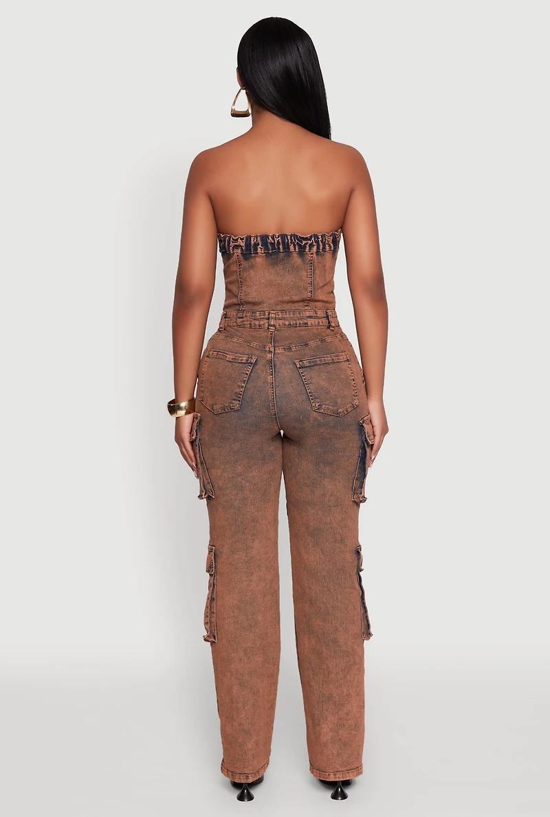 Womens Daisy Mineral Wash Denim Jumpsuit with Cargo Pockets, Multi,