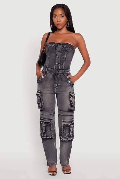 Womens Acid Wash Denim Jumpsuit with Cargo Pockets, Grey, Size M
