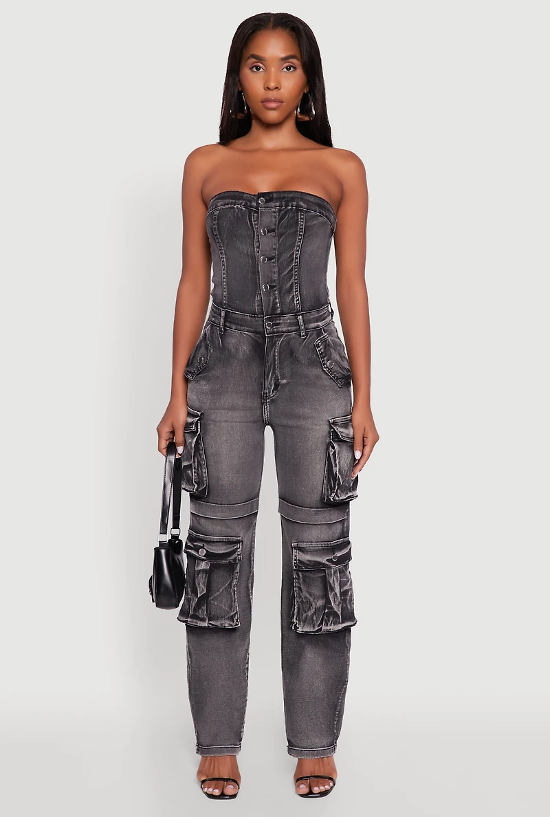 Womens Acid Wash Denim Jumpsuit with Cargo Pockets, Grey, Size M