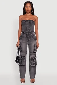 Womens Acid Wash Denim Jumpsuit with Cargo Pockets, Grey, Size M