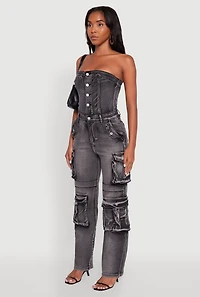 Womens Acid Wash Denim Jumpsuit with Cargo Pockets, Grey, Size M