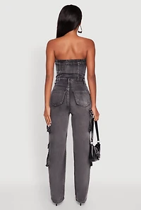 Womens Acid Wash Denim Jumpsuit with Cargo Pockets, Grey, Size M