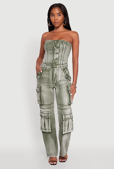 Womens Acid Wash Denim Jumpsuit with Cargo Pockets, Green,