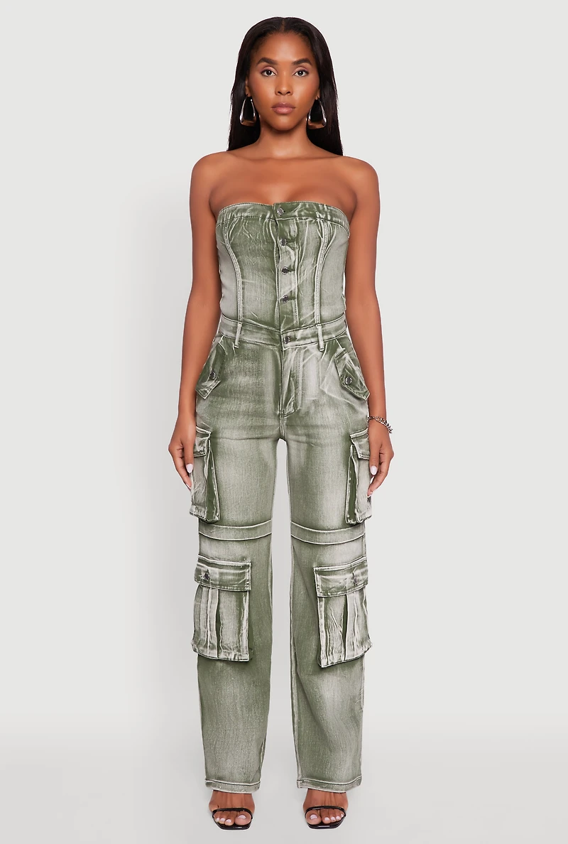 Womens Acid Wash Denim Jumpsuit with Cargo Pockets, Green,