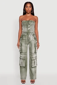 Womens Acid Wash Denim Jumpsuit with Cargo Pockets, Green,