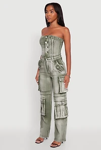 Womens Acid Wash Denim Jumpsuit with Cargo Pockets, Green,