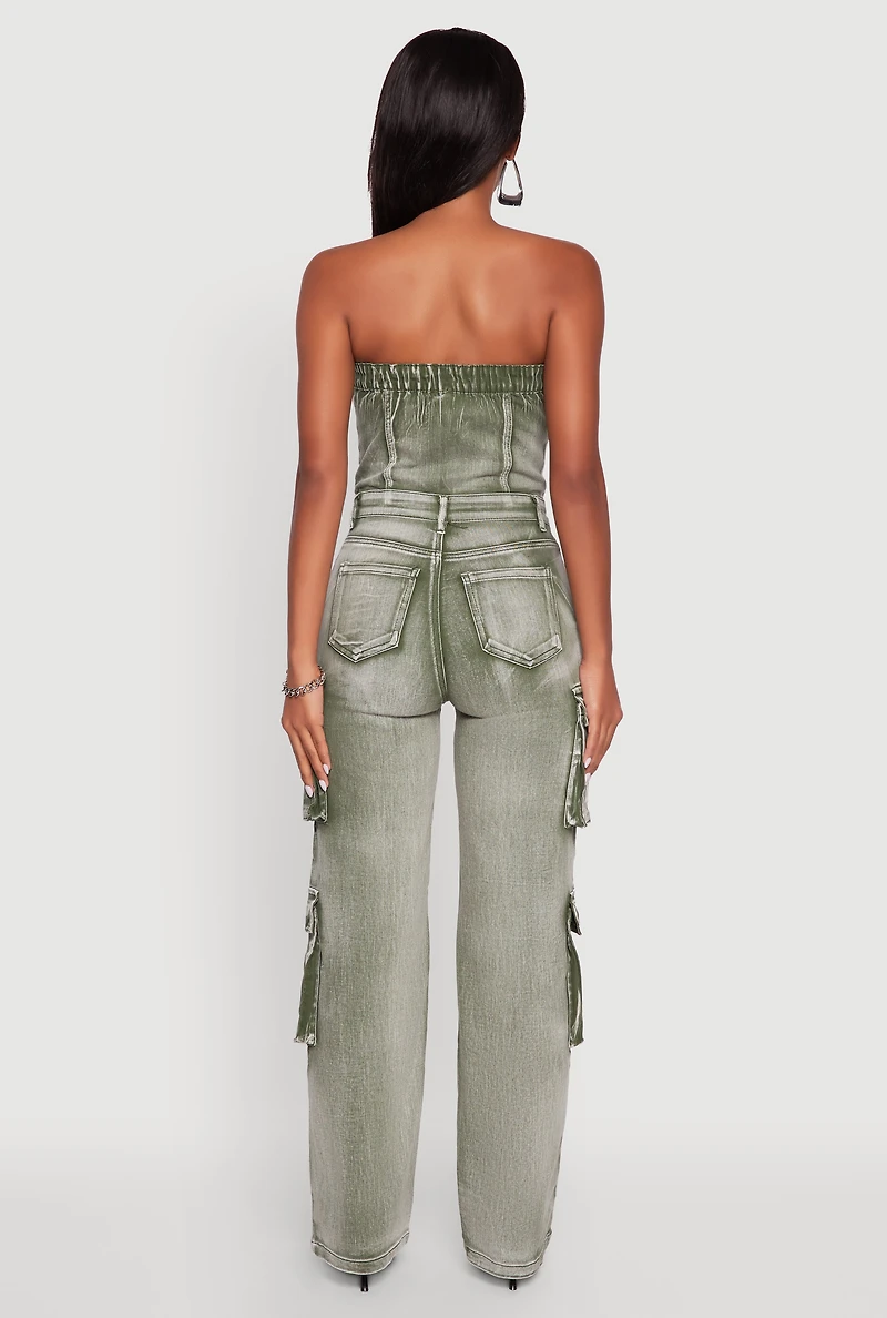 Womens Acid Wash Denim Jumpsuit with Cargo Pockets, Green,