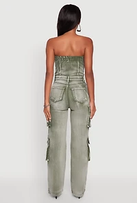 Womens Acid Wash Denim Jumpsuit with Cargo Pockets, Green,