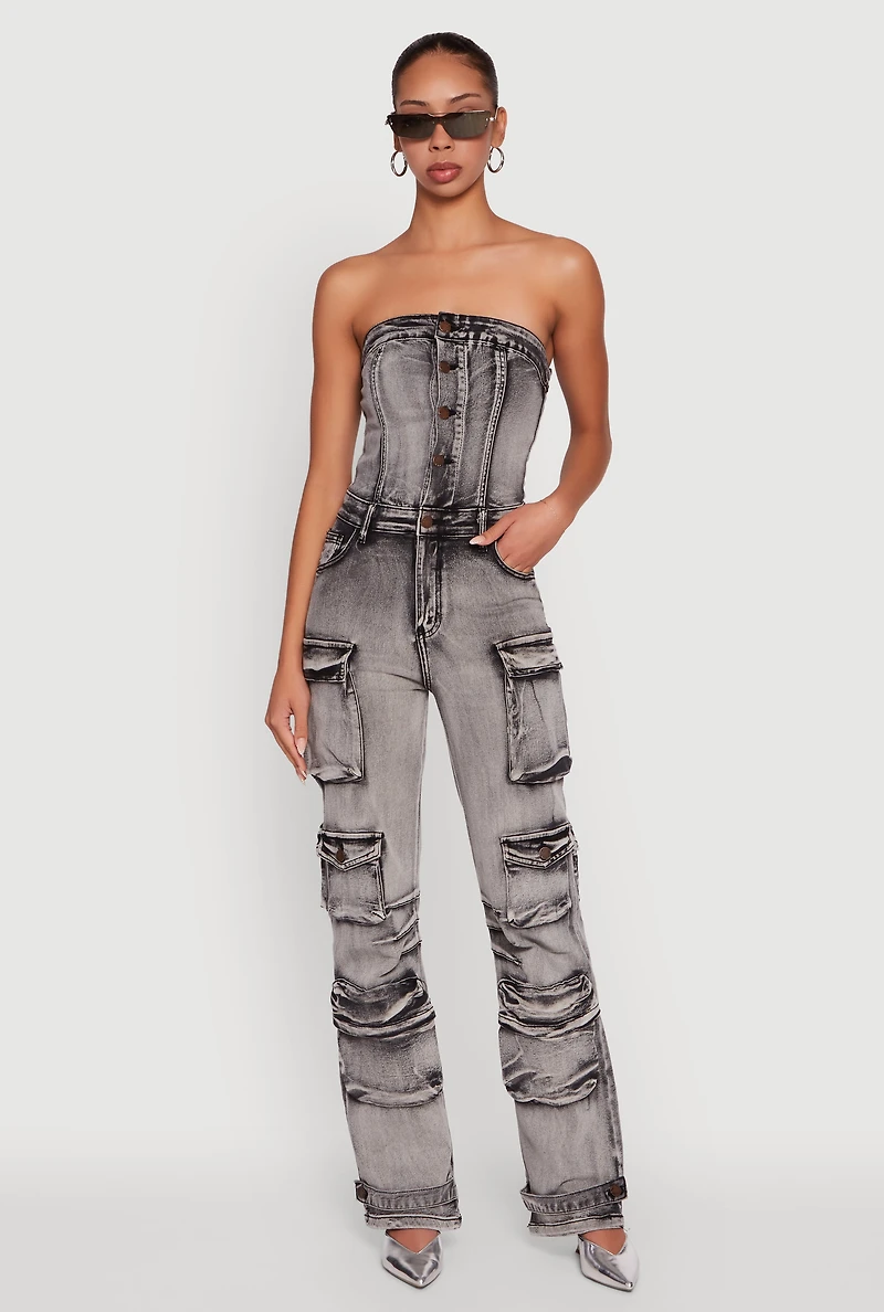 Acid Wash Denim Multi Cargo Pocket Strapless Jumpsuit