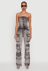 Womens Acid Wash Denim Multi Cargo Pocket Strapless Jumpsuit, Grey, Size S