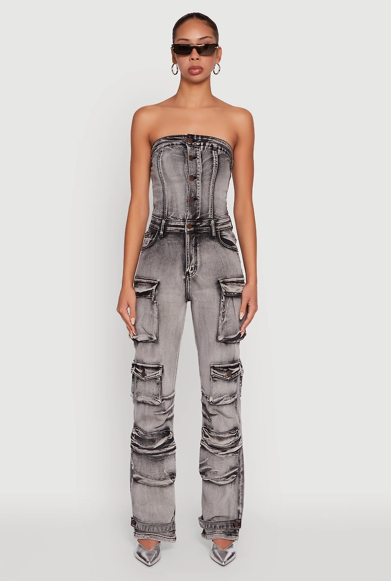 Womens Acid Wash Denim Multi Cargo Pocket Strapless Jumpsuit, Grey, Size XL