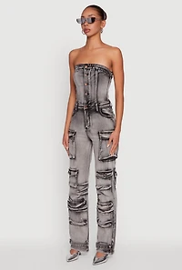 Womens Acid Wash Denim Multi Cargo Pocket Strapless Jumpsuit, Grey, Size S