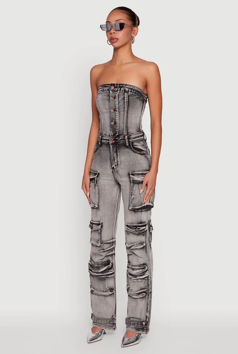 Womens Acid Wash Denim Multi Cargo Pocket Strapless Jumpsuit, Grey, Size M