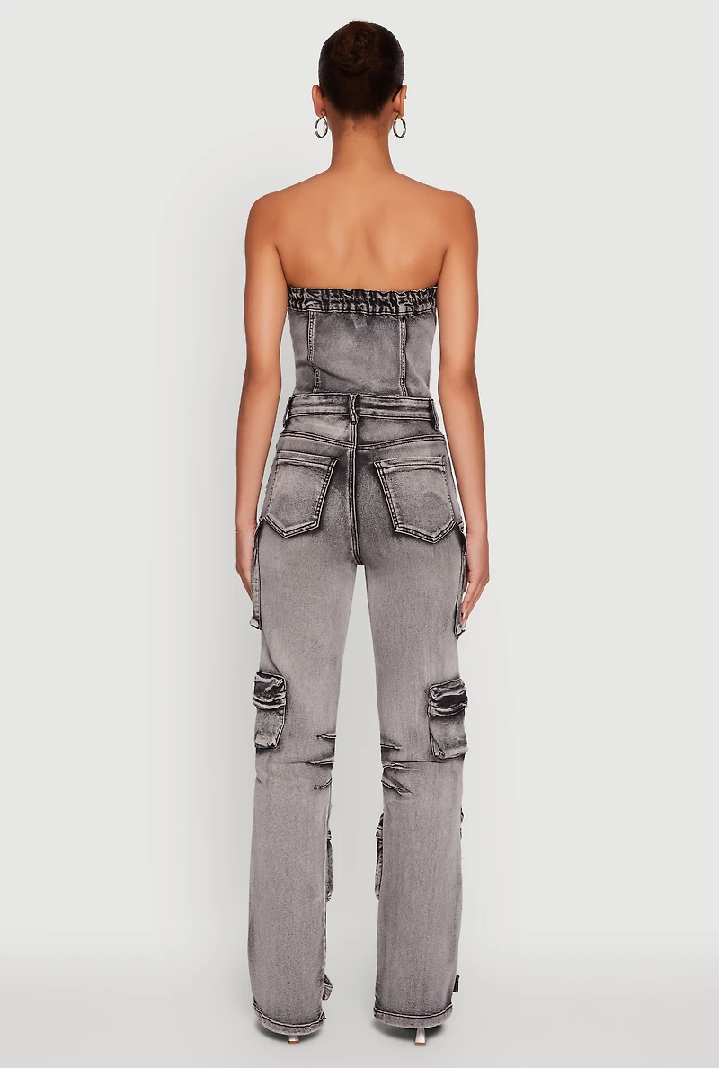 Womens Acid Wash Denim Multi Cargo Pocket Strapless Jumpsuit, Grey, Size S