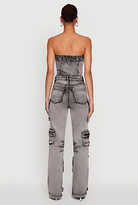 Womens Acid Wash Denim Multi Cargo Pocket Strapless Jumpsuit, Grey, Size XL