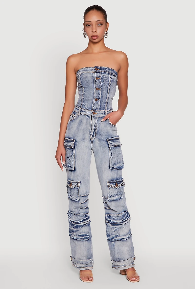 Acid Wash Denim Multi Cargo Pocket Strapless Jumpsuit